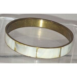 Vintage Mother of Pearl Inlay Brass Bangle Bracelet Cream Shell Boho 2.5 Inch